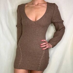 Michael Costello x Revolve Knit Bodycon Mini Dress, Taupe, Long Sleeves, XS